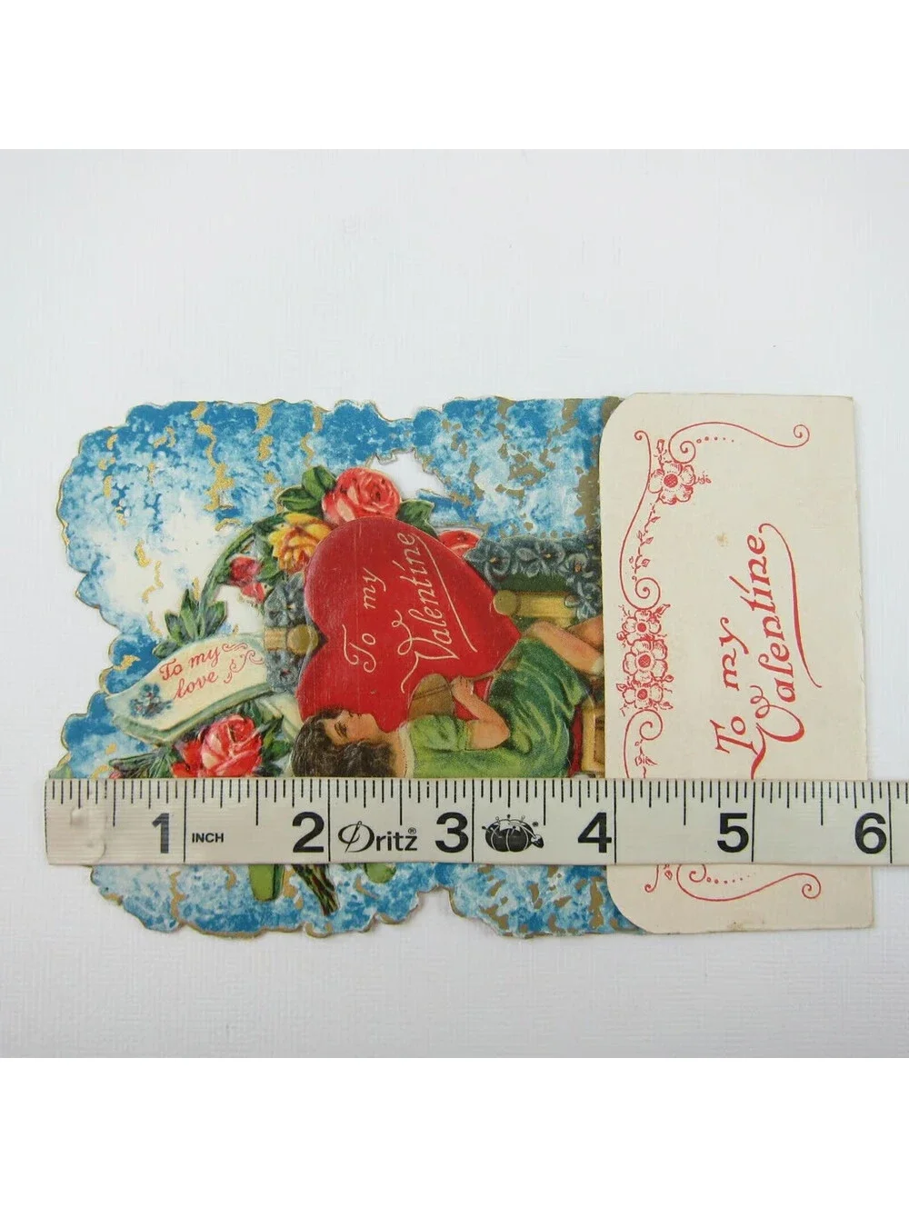 Vintage Valentine Honeycomb 3D Pop Up Die Cut Girl Painter Blue Red Heart Roses